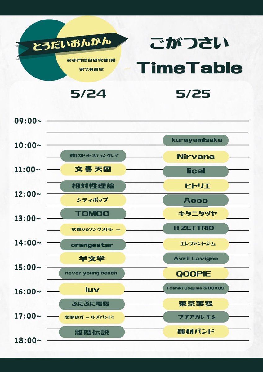五月祭ライブ2日目始まっています！タイムテーブルは前後する可能性があるのでお目当てのバンドがある場合はお早めに！