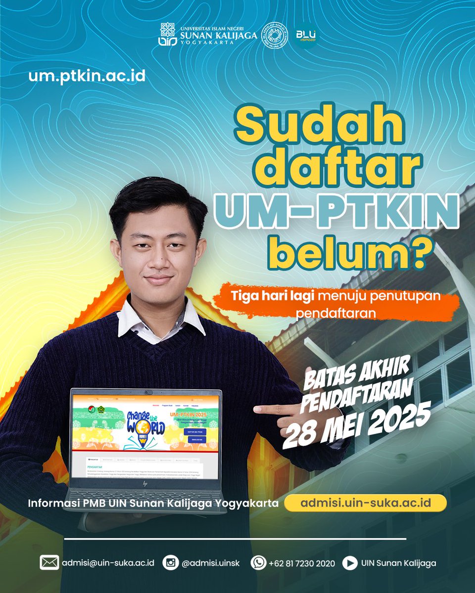 Sudah daftar UM-PTKIN, blm?
Pastikan pilih prodi yg ada di UIN Sunan Kalijaga sbg prioritas pilihanmu.
Cussss...pendaftaran bakal ditutup 3 hari lagi. Ada 25 prodi keagamaan unggulan yg bikin kamu yakin memilih UIN Sunan Kalijaga Yogyakarta.
#uinsk #uinsunankalijaga
