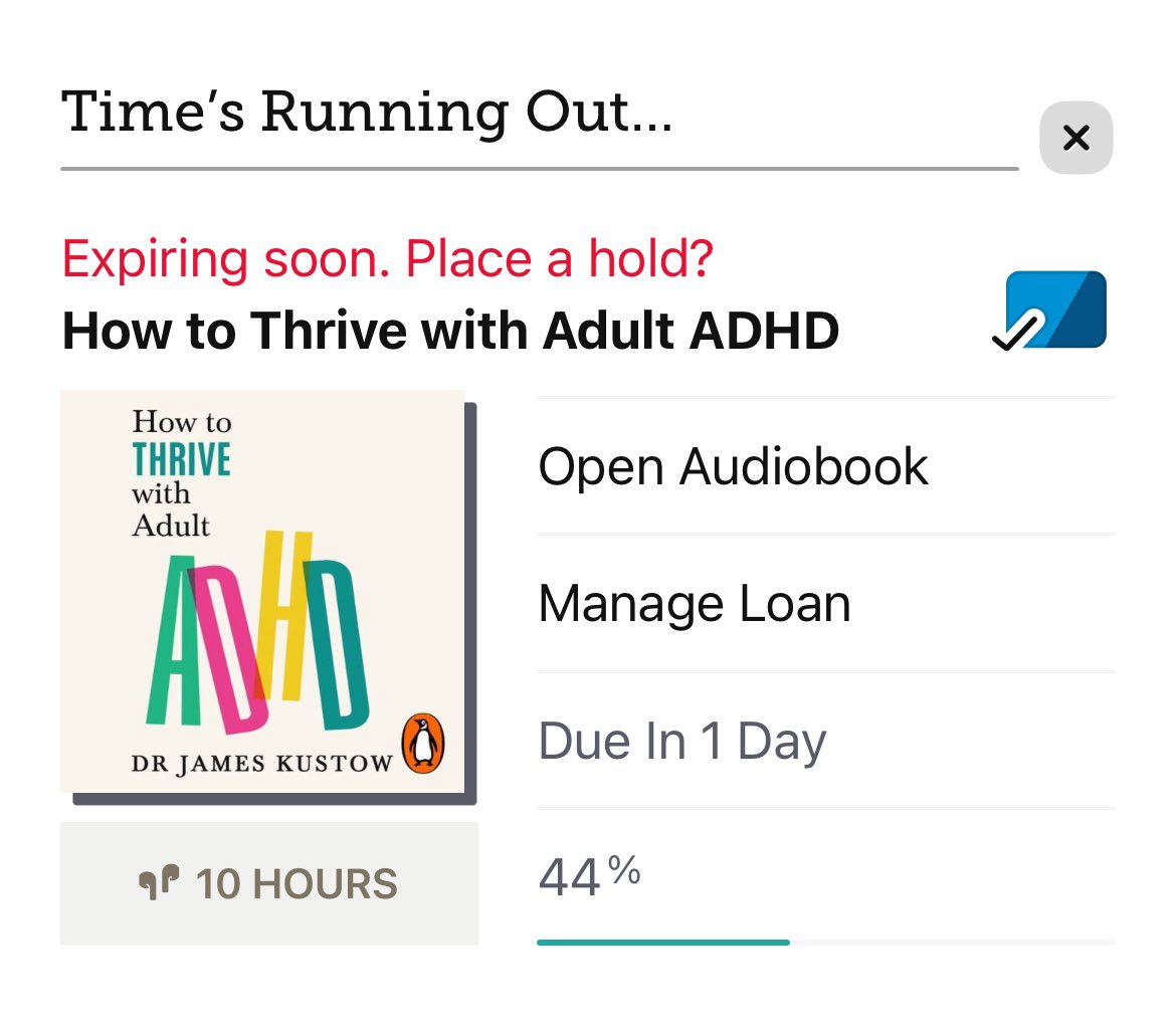 I checked out this audiobook from Libby 3 weeks ago, but I kept putting off reading it because I really wanted to be able to *focus* on it. 

Now I’m panicking and speed reading it to try to get it done before it’s due.

It’s a book on living with ADHD 🙃