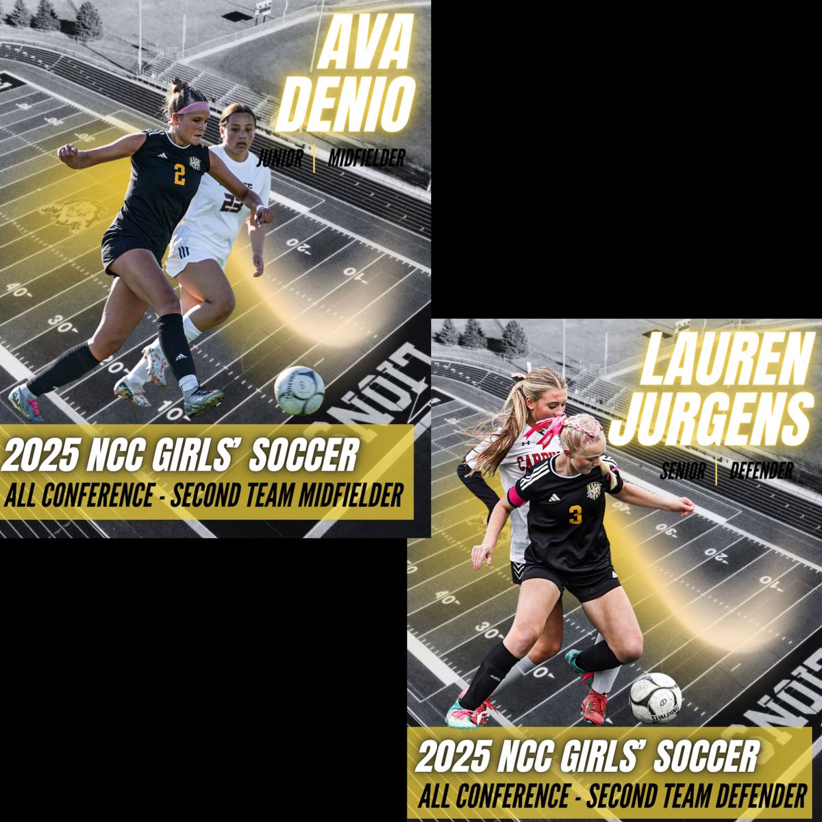 CLGirlsSoccer's tweet photo. 🎉 Big congratulations to the ladies named to the 2025 NCC Girls’ Soccer All-Conference Teams! 🦁
💛Addison Jones- 1st Team
⚽️Aria Johnson- 1st Team 
💛Ava DeNio- 2nd Team 
⚽️Lauren Jurgens- 2nd Team 
💛Rowan O’Keefe- 3rd Team
⚽️Avery Hegtvedt- 3rd Team https://t.co/LfMqV9UYYS