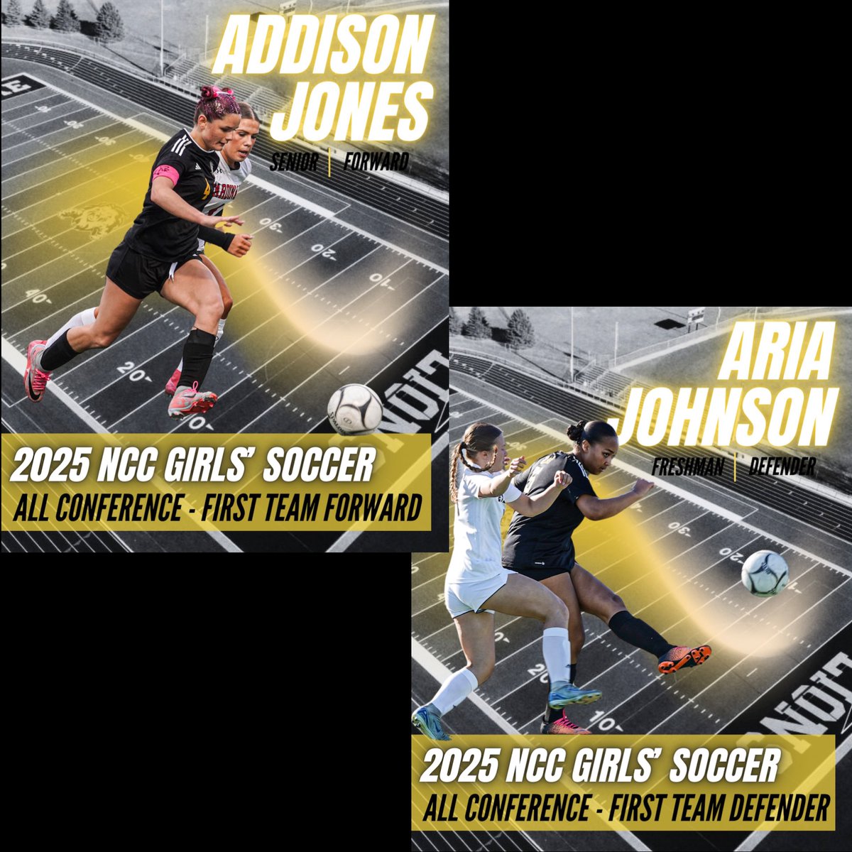 CLGirlsSoccer's tweet photo. 🎉 Big congratulations to the ladies named to the 2025 NCC Girls’ Soccer All-Conference Teams! 🦁
💛Addison Jones- 1st Team
⚽️Aria Johnson- 1st Team 
💛Ava DeNio- 2nd Team 
⚽️Lauren Jurgens- 2nd Team 
💛Rowan O’Keefe- 3rd Team
⚽️Avery Hegtvedt- 3rd Team https://t.co/LfMqV9UYYS