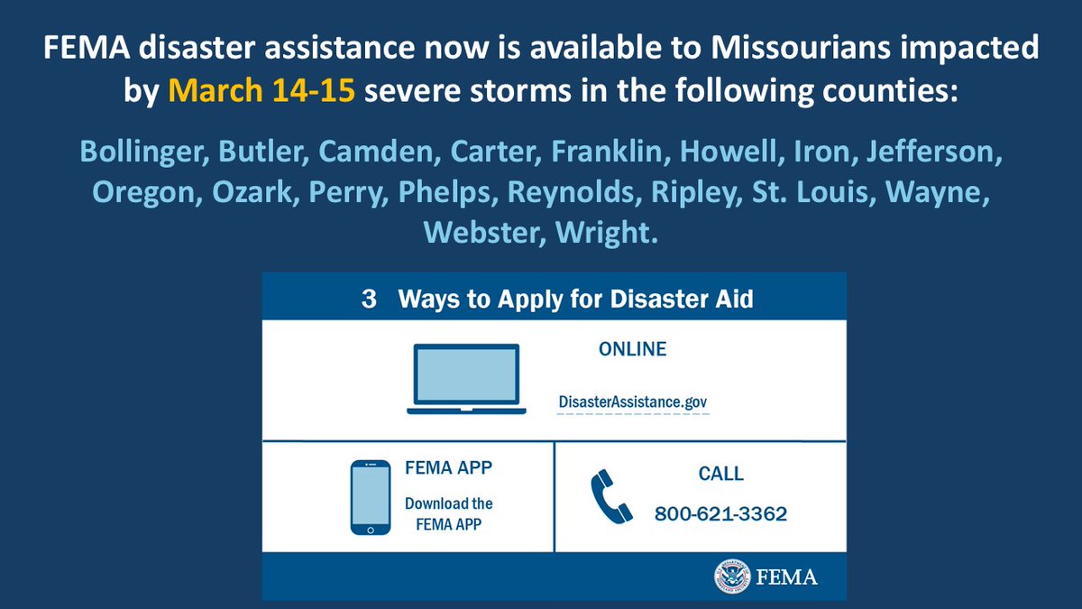 FEMA Region 7 (@femaregion7) on Twitter photo ⛈️🌪️🔥 If you were impacted by severe storms, straight-line winds, tornadoes or wildfires March 14-15 and live in one of 18 #MO counties, you can apply for free help from @FEMA. Details ⬇️
#mowx #spgwx <a href="/StlCoOEM/">St Louis County Office of Emergency Management</a> #WeatherAware ⛈️🌪️🔥 If you were impacted by severe storms, straight-line winds, tornadoes or wildfires March 14-15 and live in one of 18 #MO counties, you can apply for free help from @FEMA. Details ⬇️
#mowx #spgwx <a href="/StlCoOEM/">St Louis County Office of Emergency Management</a> #WeatherAware