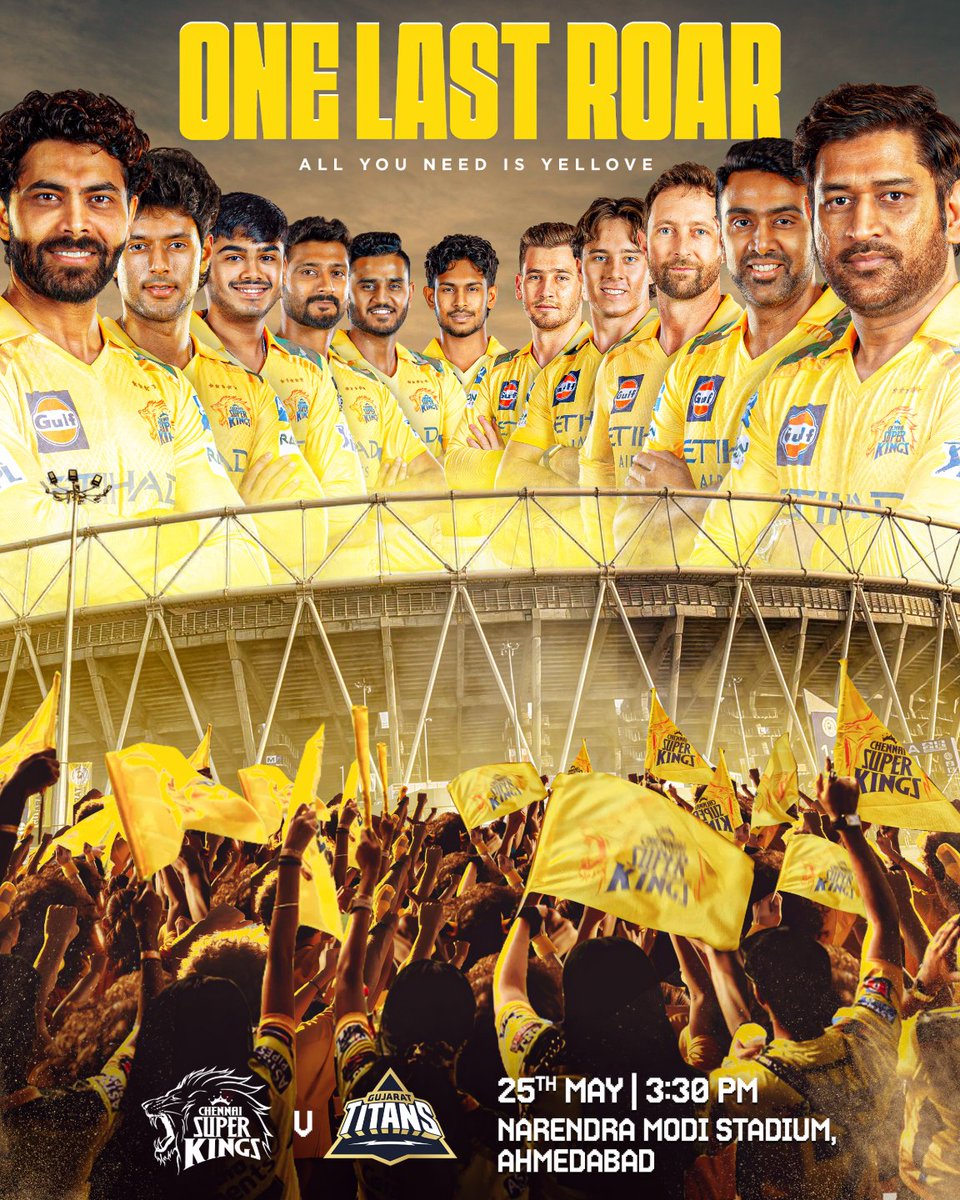 ChennaiIPL's tweet photo. Clash of the Titans! 🦁 🔥 Let the whistles echo louder than ever! 🥳💛

#GTvCSK #WhistlePodu #Yellove🦁💛 https://t.co/NqtIpH1MF4