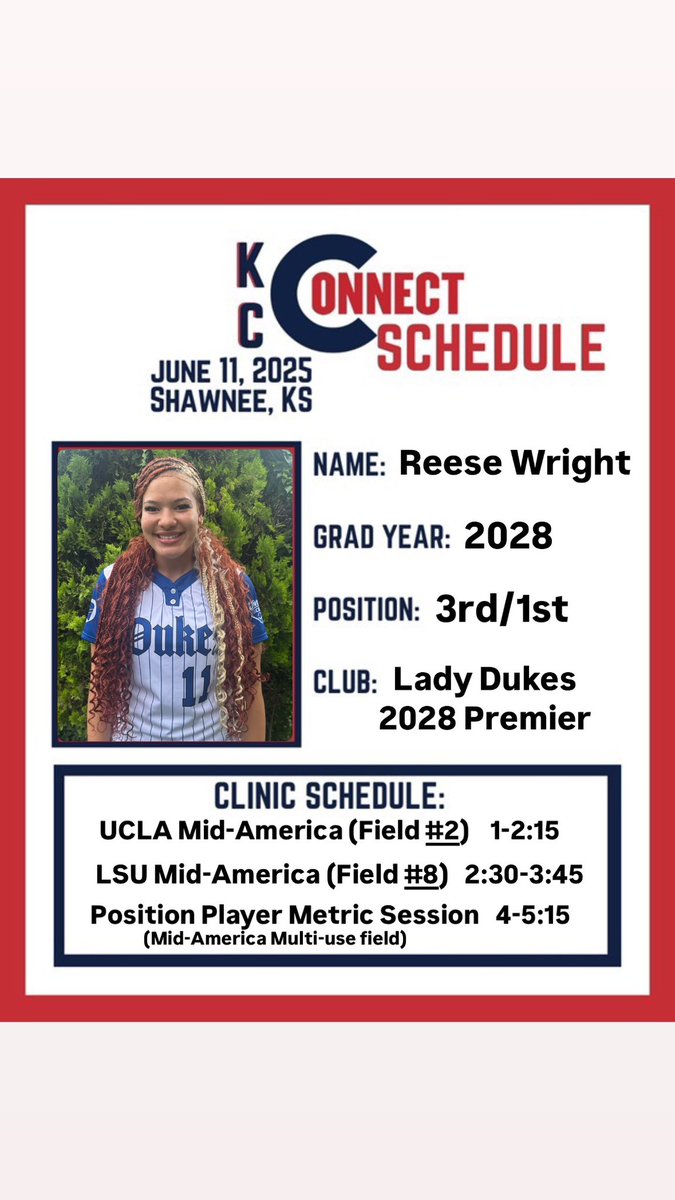 Reese Wright (@reesewright2028) on Twitter photo So close to the <a href="/ConnectSports_/">Connect Sports</a> camp! I will be attending the <a href="/UCLASoftball/">UCLA Softball</a> and the <a href="/LSUsoftball/">LSU Softball</a> camps! I can’t wait!
#richardsoneagles #ladydukes #txsoftball #dallas #bluemagic #classof2028 #classof2028
<a href="/ConnectSports_/">Connect Sports</a> <a href="/LSUsoftball/">LSU Softball</a> <a href="/UCLASoftball/">UCLA Softball</a> <a href="/BethTorina/">Beth Torina</a> @LadyDukes28Nat So close to the <a href="/ConnectSports_/">Connect Sports</a> camp! I will be attending the <a href="/UCLASoftball/">UCLA Softball</a> and the <a href="/LSUsoftball/">LSU Softball</a> camps! I can’t wait!
#richardsoneagles #ladydukes #txsoftball #dallas #bluemagic #classof2028 #classof2028
<a href="/ConnectSports_/">Connect Sports</a> <a href="/LSUsoftball/">LSU Softball</a> <a href="/UCLASoftball/">UCLA Softball</a> <a href="/BethTorina/">Beth Torina</a> @LadyDukes28Nat