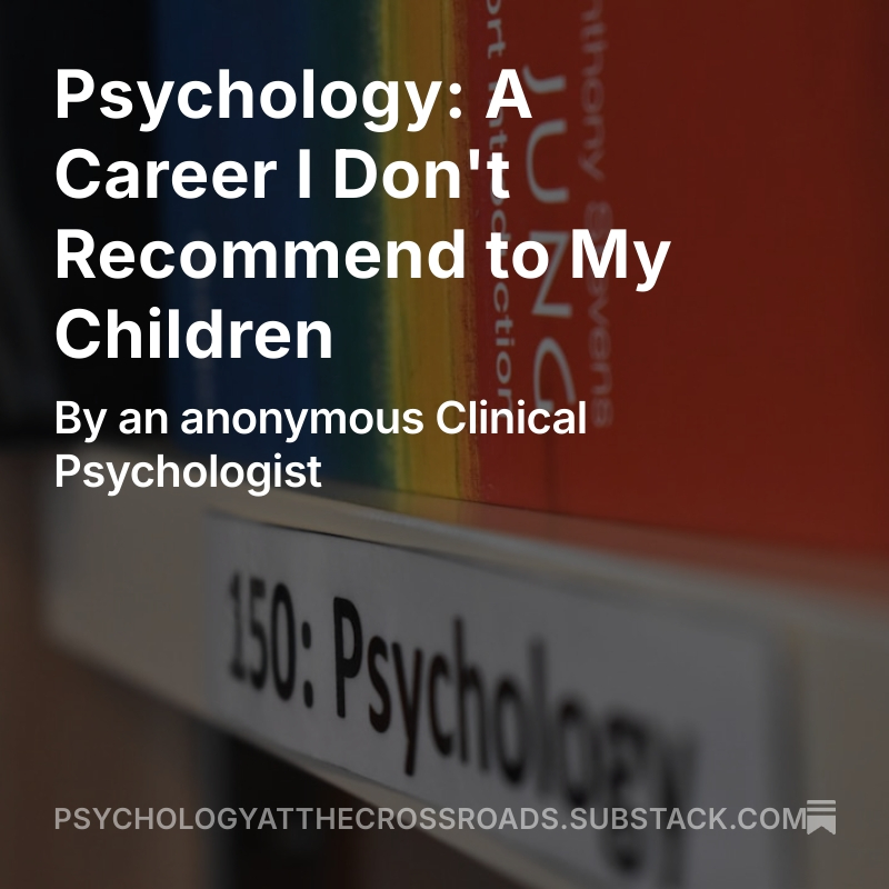psychXroadsNZ's tweet photo. What happens when a clinical psychologist says, “Whatever you do, kids — don’t become a psychologist”? 🤔

Read this sharp and surprising take from inside the profession: https://t.co/v5HETj866S https://t.co/GI93Rs5vBm