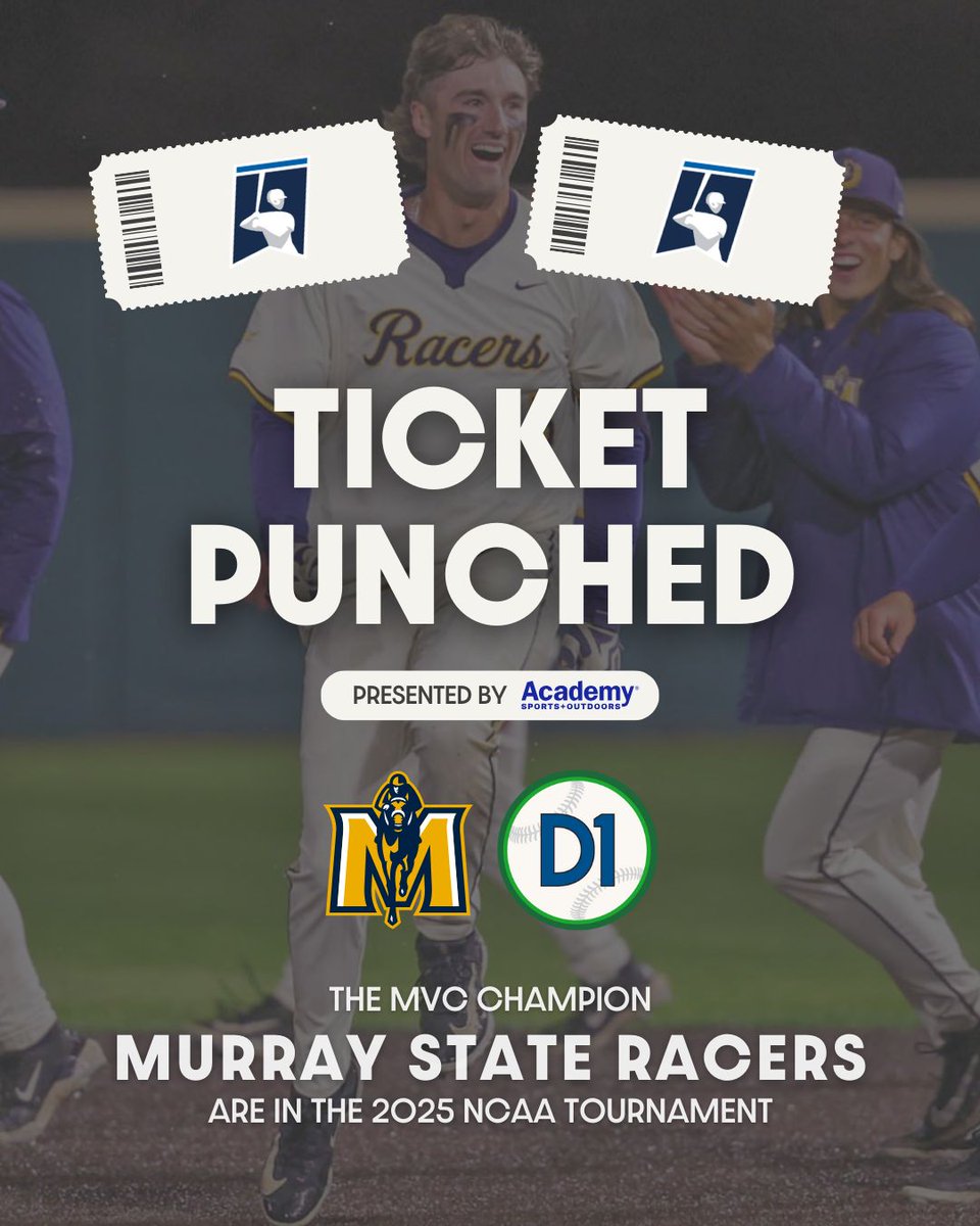 D1Baseball (@d1baseball) on Twitter photo 🎟 𝐓𝐈𝐂𝐊𝐄𝐓 𝐏𝐔𝐍𝐂𝐇𝐄𝐃 🎟
For the fourth time in program history and the first time since 2003, <a href="/RacersBaseball/">Murray State Baseball</a> is heading to the NCAA tournament!
🤝 <a href="/Academy/">Academy Sports + Outdoors</a> 🎟 𝐓𝐈𝐂𝐊𝐄𝐓 𝐏𝐔𝐍𝐂𝐇𝐄𝐃 🎟
For the fourth time in program history and the first time since 2003, <a href="/RacersBaseball/">Murray State Baseball</a> is heading to the NCAA tournament!
🤝 <a href="/Academy/">Academy Sports + Outdoors</a>