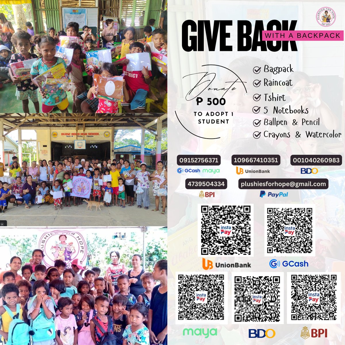 PlushiesForHope's tweet photo. PFH Back to School Project Year 4:
Give Back with a Back Pack for Indigenous Community

As the school year approaches, we are aiming to provide school supplies for 2 Indigenous Schools and warrior kids. 

With your ₱500 donation, you can sponsor 1 bagpack for 1 student. This includes notebooks, pens, art materials, raincoat and white tshirt. 

In exchange of your donation, you will be eligible to our Raffle and win #OPMCon2025 tickets. (₱500- 1 entry)

If you cannot donate, shares would be highly appreciated. 

Beneficiaries:
Pinaganakan Integrated School of Dumagat
Kambubuyugan Elementary School 
Selected Warrior Kids