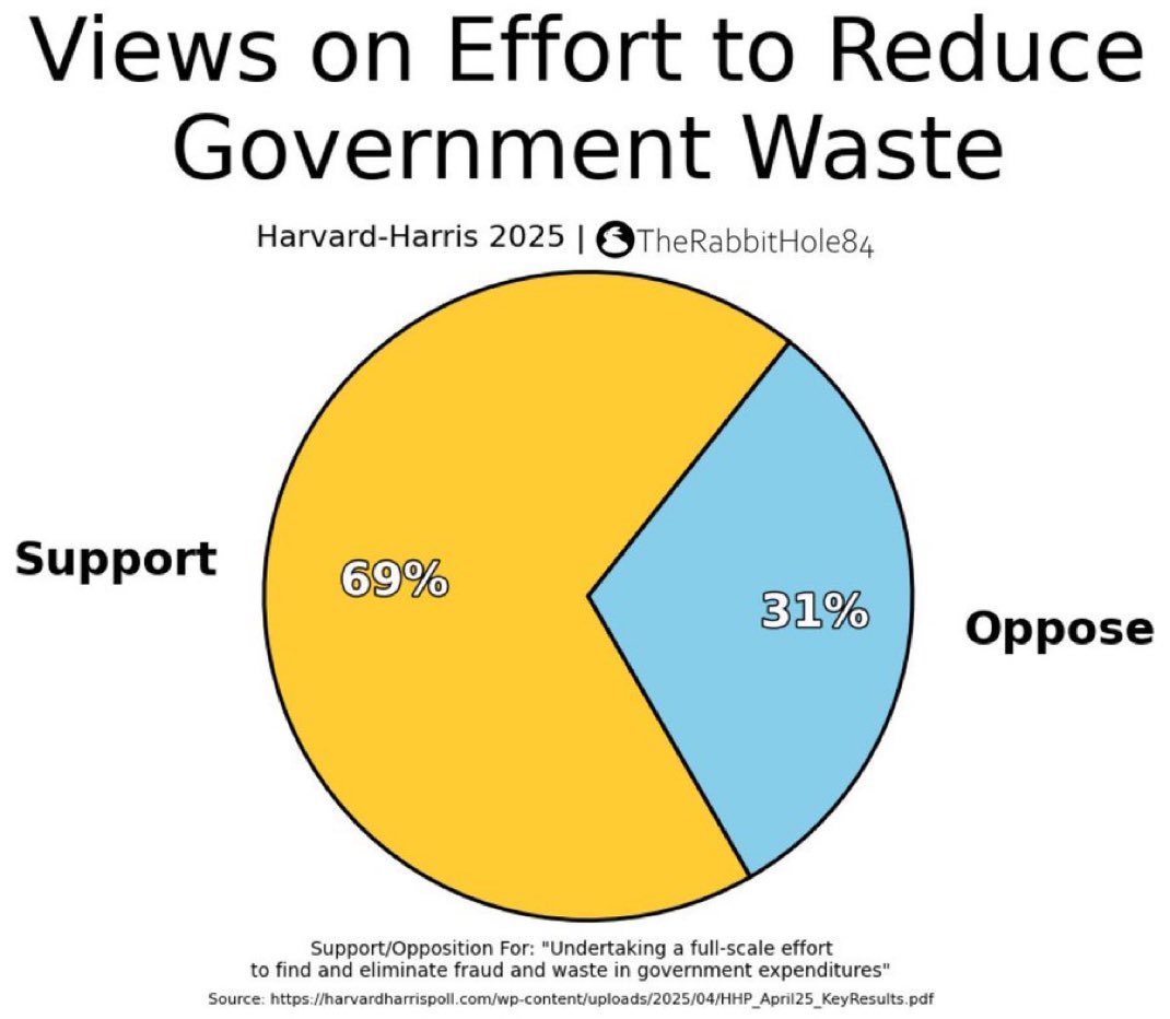 TheRabbitHole's tweet image. 69% of Americans support the DOGE effort to reduce government waste. Politicians should act accordingly.