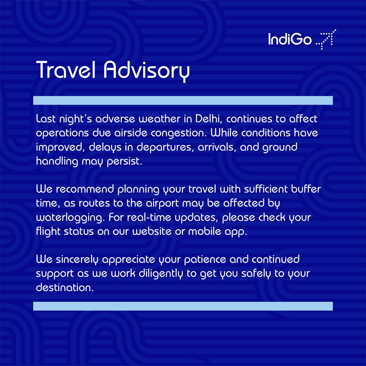 #6ETravelAdvisory: Following last night’s weather in #Delhi, airside congestion is still impacting flights. Please plan ahead and check your flight status here: bit.ly/31paVKQ. Thank you for your patience and understanding!
