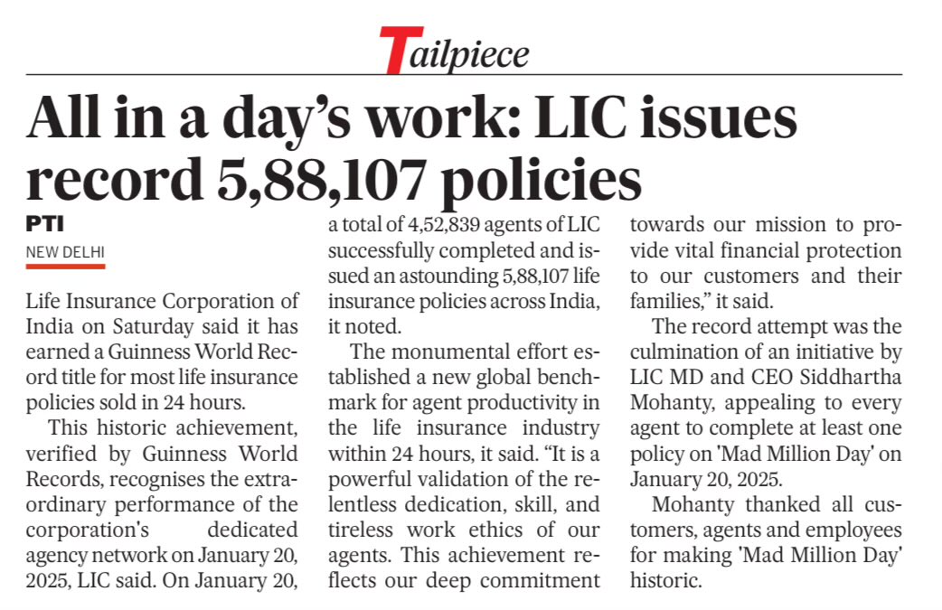 PrepCafein's tweet photo. @LICIndiaForever enters Guinness Book of World Records for selling 5,88,107 policies on January 20, 2025

This day was branded as “Mad Million Day”

#GuinnessCommunity #recordbreaking #insurance https://t.co/e1P5l7PUlw