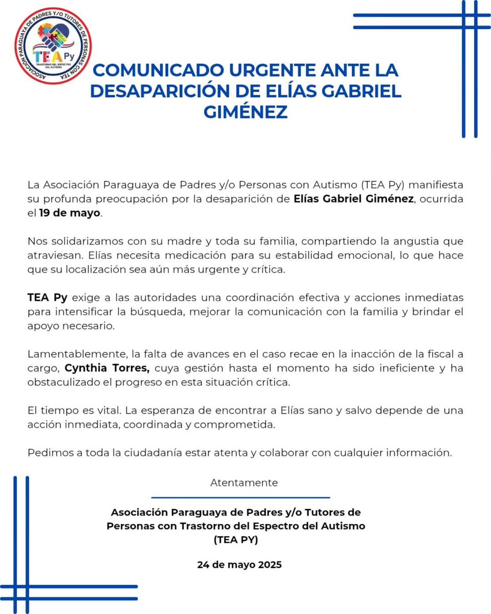 Necesitamos que Elias vuelva a su casa! <a href="/MinPublicoPy/">Fiscalía Paraguay</a> <a href="/EmilianoRFPy/">Emiliano Rolón Fernández</a> <a href="/SantiPenap/">Santiago Peña</a> <a href="/OPDPARAGUAY/">Oficina de la Primera Dama</a> <a href="/MDI_Paraguay/">Ministerio del Interior - Paraguay</a> <a href="/compcdsenadopy/">Comisión Personas con Discapacidad Senado Py</a> <a href="/policia_py/">Policía Nacional del Paraguay</a>