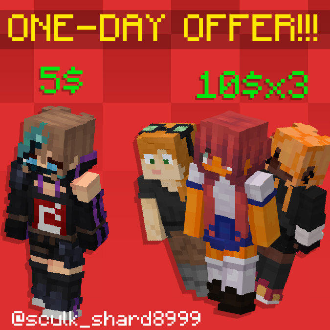 sculk_shard8999's tweet image. 🔥 One-Day Offer on Minecraft Skins! 🔥
💁♀️1 Skin × 5$
🗿3 skins × 10%
#Minecraft #Blockbench