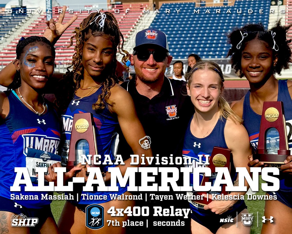 UMary Marauders (@umarysports) on Twitter photo ALL-AMERICANS! The Marauders 4x400 relay team of Kelescia Downes, Tayen Werner, Tionce Walrond & Sakena Massiah again broke their own <a href="/UMaryXCTF/">UMARY XC/TF</a> record to take 7th at the 2025 NCAA D2 Outdoor Track & Field Championships to earn All-American honors. #ForTheShip #LifeAtMary ALL-AMERICANS! The Marauders 4x400 relay team of Kelescia Downes, Tayen Werner, Tionce Walrond & Sakena Massiah again broke their own <a href="/UMaryXCTF/">UMARY XC/TF</a> record to take 7th at the 2025 NCAA D2 Outdoor Track & Field Championships to earn All-American honors. #ForTheShip #LifeAtMary