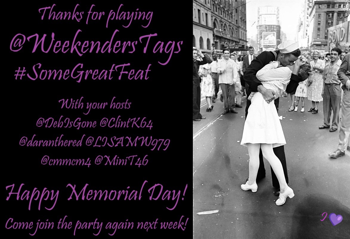 WeekendersTags (@weekenderstags) on Twitter photo Thanks for playing <a href="/WeekendersTags/">WeekendersTags</a>
#SomeGreatFeat
<a href="/DebIsGone/">DebIsGone</a> & <a href="/ClintK64/">Clint Kritzer</a> thank our Task Mastering Guests <a href="/LISAMW979/">Lisa</a> <a href="/MiniT46/">Mini T</a> <a href="/cmmcm4/">napper</a> & <a href="/daranthered/">Daran the Red ☠️</a> for some epic assistance!
Once again, Happy Memorial Day!
Come join the party again next week! I❤️
1/3 Thanks for playing <a href="/WeekendersTags/">WeekendersTags</a>
#SomeGreatFeat
<a href="/DebIsGone/">DebIsGone</a> & <a href="/ClintK64/">Clint Kritzer</a> thank our Task Mastering Guests <a href="/LISAMW979/">Lisa</a> <a href="/MiniT46/">Mini T</a> <a href="/cmmcm4/">napper</a> & <a href="/daranthered/">Daran the Red ☠️</a> for some epic assistance!
Once again, Happy Memorial Day!
Come join the party again next week! I❤️
1/3