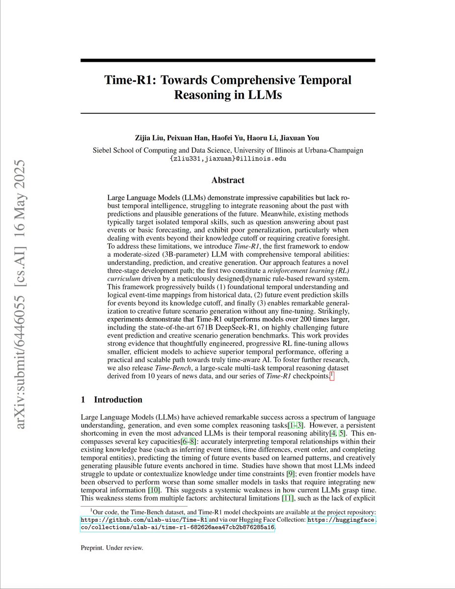 💥Time-R1 is here! Can a 3B LLM truly grasp time? 🤔 YES! 

Excited to share our new work, Time-R1: Towards Comprehensive Temporal Reasoning in LLMs 🚀

Check it out:
📖 Paper: arxiv.org/abs/2505.13508
💻 Code: github.com/ulab-uiuc/Time…

#TemporalReasoning #RL #LLMs