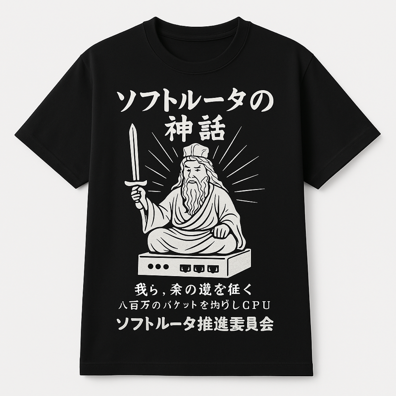 ソフトルータ推進委員会（ソル推委）公式Tシャツ（非売品）。別名、アレTシャツ。「ソフトルータの神話」「我ら、柔の道を征く」「八百万のパケットを捌けしCPU」
#interop25 #ソフトルータ推進委員会 #ソル推委