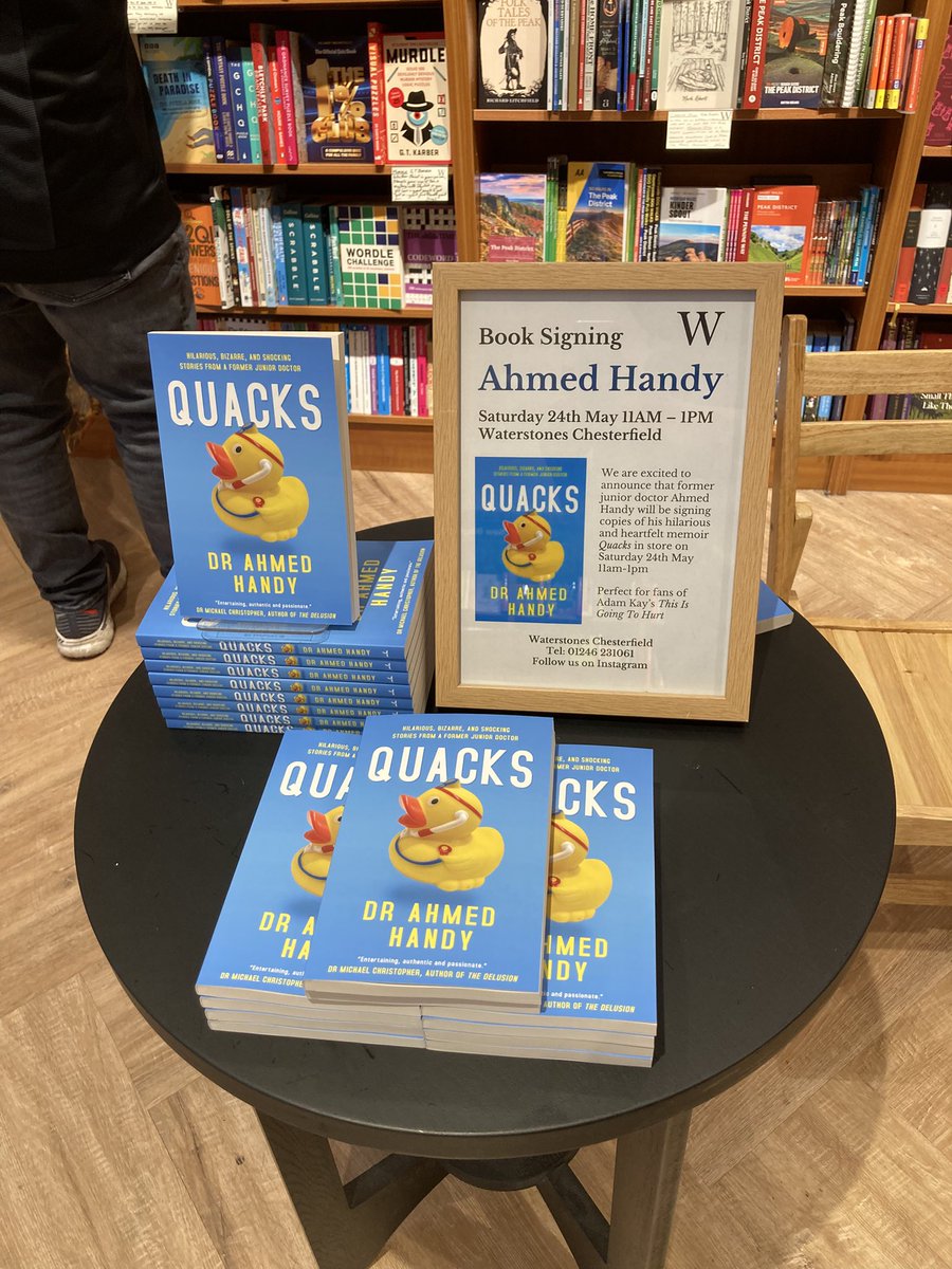 Dr Ahmed Handy (@drahmedhandy) on Twitter photo A big thank you to the team <a href="/WSChesterfield/">Waterstones Chesterfield</a> for hosting me yesterday, and to everyone who so kindly bought a copy of ‘QUACKS’ 😇!
Next Up: I’ll be signing copies of the book <a href="/WHSmith/">WHSmith</a> in Nottingham’s <a href="/_VictoriaCentre/">Victoria Centre</a> this coming Tuesday (27th May) ✍🏻. Hopefully I may see you A big thank you to the team <a href="/WSChesterfield/">Waterstones Chesterfield</a> for hosting me yesterday, and to everyone who so kindly bought a copy of ‘QUACKS’ 😇!
Next Up: I’ll be signing copies of the book <a href="/WHSmith/">WHSmith</a> in Nottingham’s <a href="/_VictoriaCentre/">Victoria Centre</a> this coming Tuesday (27th May) ✍🏻. Hopefully I may see you