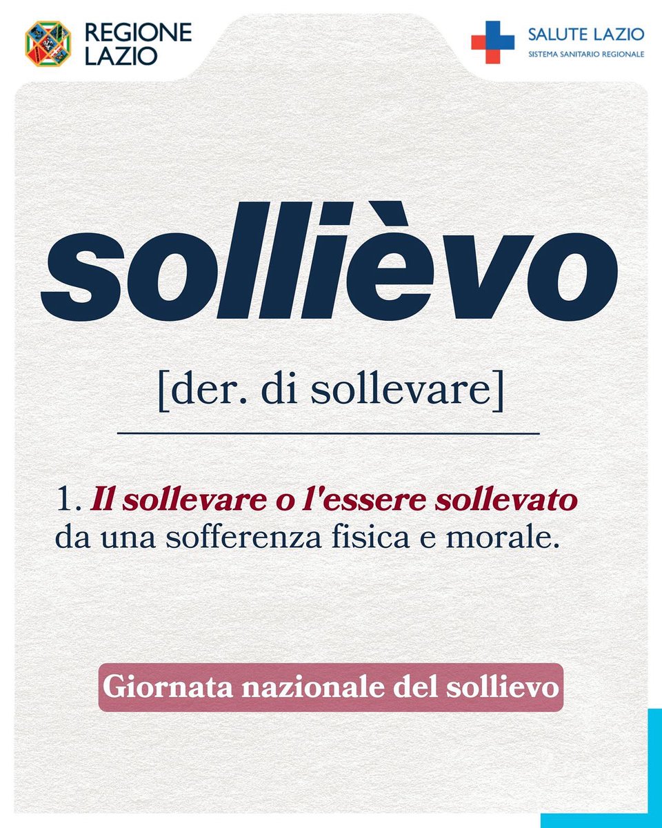 🫶 La Giornata del sollievo nasce per porre l’attenzione sul tema del “diritto al sollievo”.
👉 Nella Regione Lazio è stato progettato un Piano di sviluppo delle Cure Palliative, costituito attualmente da 10 Reti Locali di Cure Palliative. 
Leggi 👉 tinyurl.com/39k9t2uf