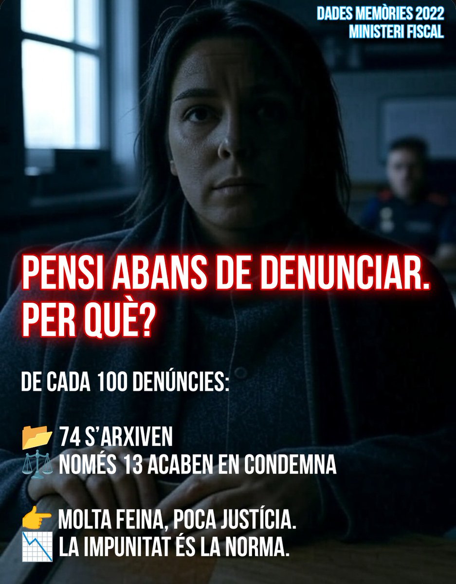 🚨 Denunciar? Per a què...?

📉 Segons dades oficials, el 74% de les denúncies s’arxiven i només un 13% acaben amb sentència condemnatòria.

🤬 Tenim un problema greu: molta feina, zero efectes. La impunitat s’ha normalitzat.

L’últim que apagui la llum... 💡

#JustíciaEspaÑa