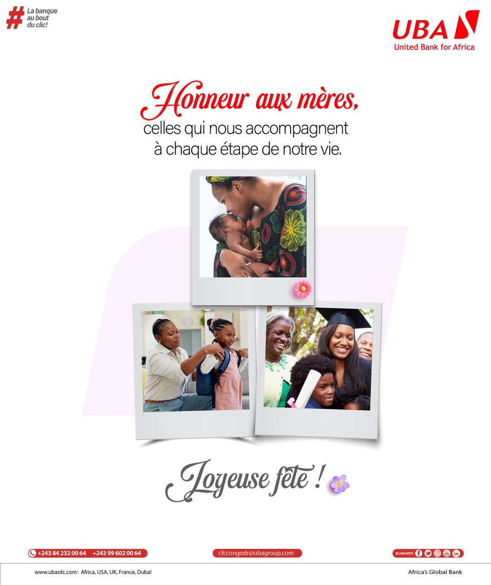 UBARDC's tweet image. C’est la fête des mères 🎉 🎉

Honneur à celles qui nous accompagnent à chaque étape de notre vie. @UBARDC souhaite une joyeuse fête à toutes les mères. 

#UBA #BanqueDigitale #fetesdesmeres #RDC
