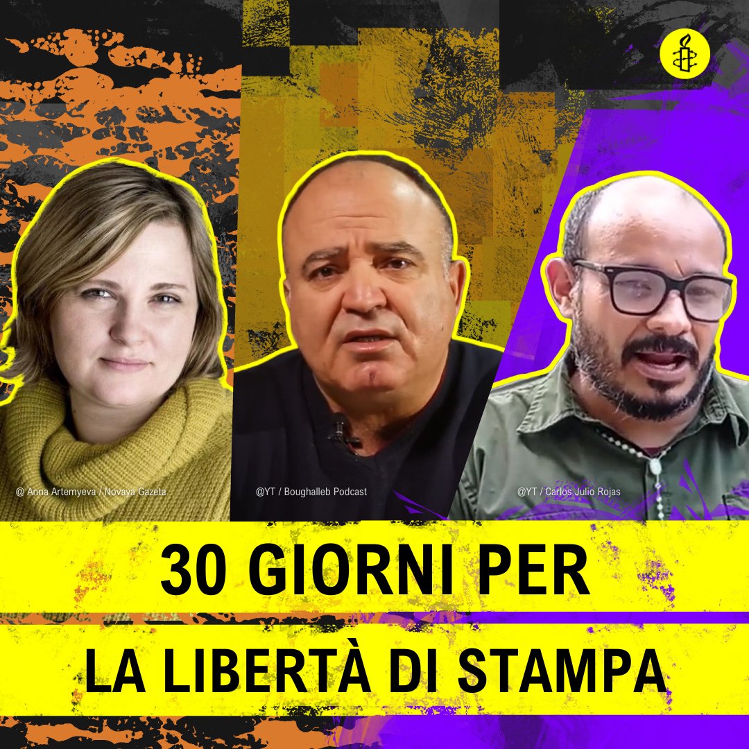 30 GIORNI PER LA LIBERTA' DI STAMPA
Stai dalla parte dei giornalisti perseguitati: partecipa alla maratona di <a href="/amnestyitalia/">Amnesty Italia</a>
Russia: proteggere Elena Milashina
Venezuela: Carlos Julio Rojas è in carcere
Tunisia: Mohamed Boughalleb è perseguitato
Attivati: tinyurl.com/2s35da84