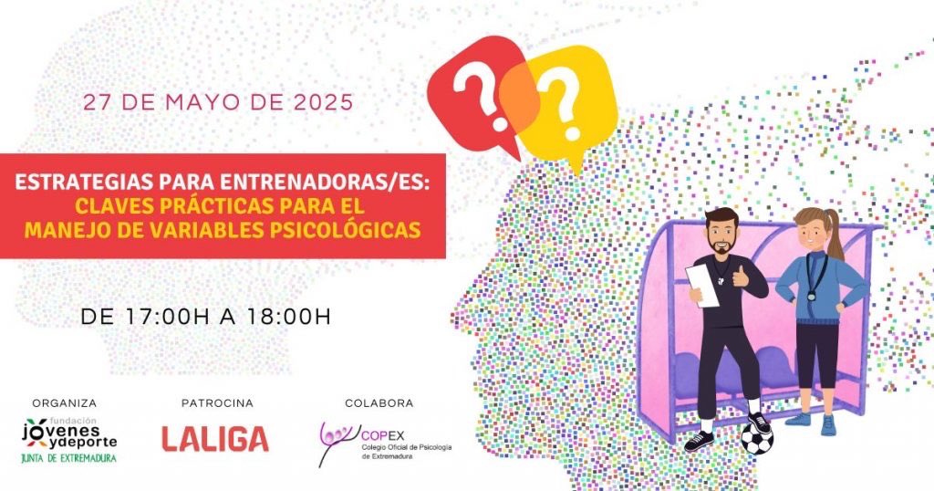 CSD (@deportegob) on Twitter photo 👉🏻 La <a href="/jovendeportEXT/">Jóvenes y Deportes Extremadura</a> organiza el webinar “Estrategias para entrenadoras/es: claves prácticas para el manejo de variables psicológicas”.
🗓️ Martes, 27 de mayo
⏰ De 17:00 a 18:00h
📄 Certificado de asistencia y aprovechamiento incluido.
Más info: goo.su/i4tRkld 👉🏻 La <a href="/jovendeportEXT/">Jóvenes y Deportes Extremadura</a> organiza el webinar “Estrategias para entrenadoras/es: claves prácticas para el manejo de variables psicológicas”.
🗓️ Martes, 27 de mayo
⏰ De 17:00 a 18:00h
📄 Certificado de asistencia y aprovechamiento incluido.
Más info: goo.su/i4tRkld