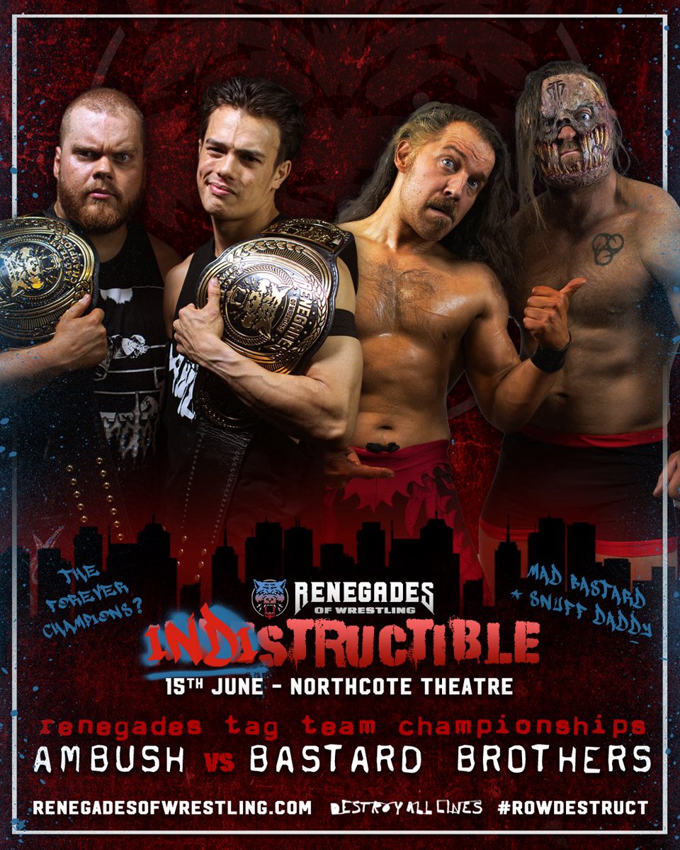 FINALLY! We will see The Bastard Brothers facing The Ambush for the Renegades Tag Team Titles at #ROWdestruct 😍

Don’t miss our return to the Northcote Theatre on June 15! We’ve got an incredible lineup, and we’re down to standing GA tickets!

🎟️ linktr.ee/ROWrestlingAU