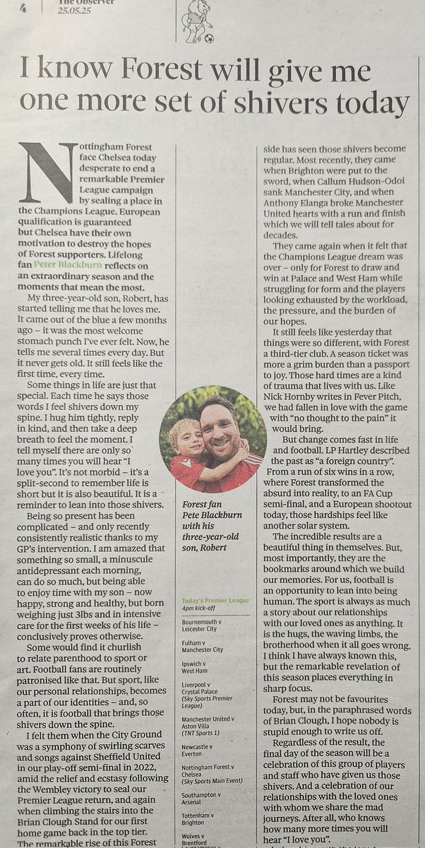 An absolute pleasure to be in today's <a href="/ObserverUK/">The Observer</a> ahead of the final day of the season, writing about the moments in life that send shivers down your spine. 

 #NFFC