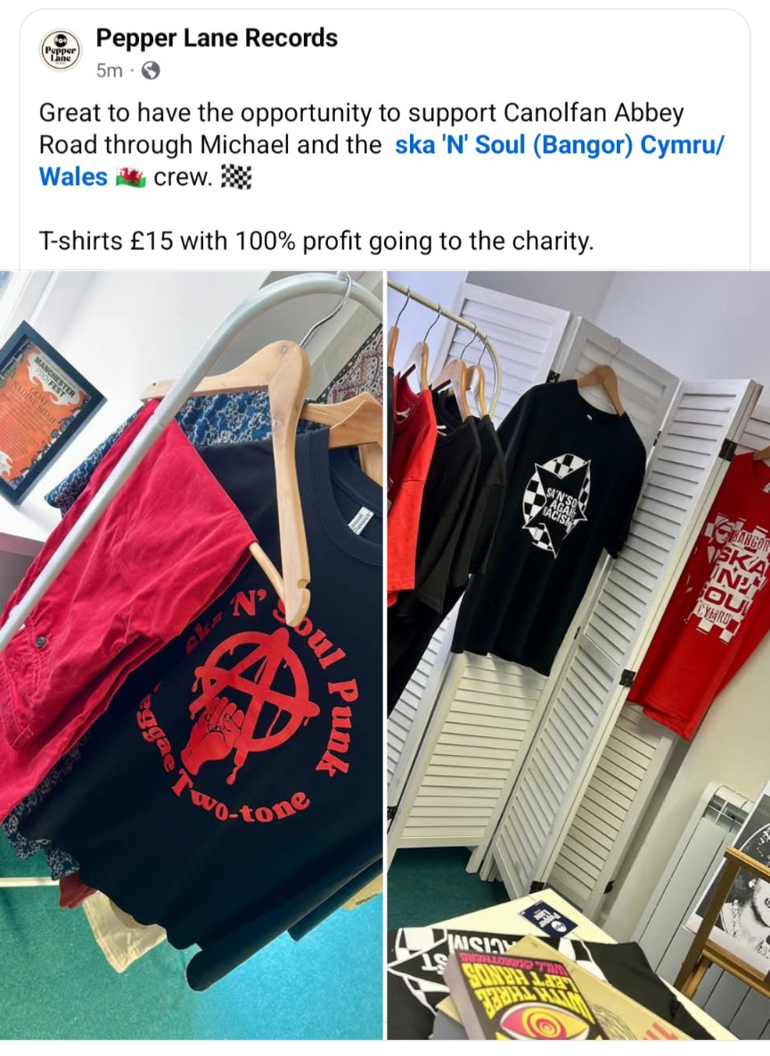 Pepper Lane Records in Caernarfon North Wales supporting our Abbey road mental health awareness charity by selling our t-shirts .
Great new shop in the town , various merchandise, stickers and badge packs too .
Diolch yn fawr Kev at the shop 
Open Saturdays only .
#NorthWales