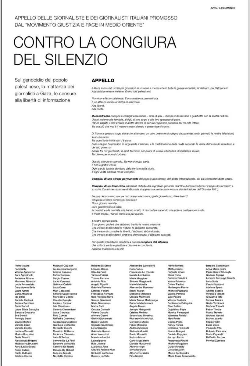 MassimoMarciano's tweet image. Pubblicato oggi l’#appello sottoscritto da tanti/e di noi #giornalisti contro la congiura del #silenzio sul #genocidio del #popolo #palestinese.