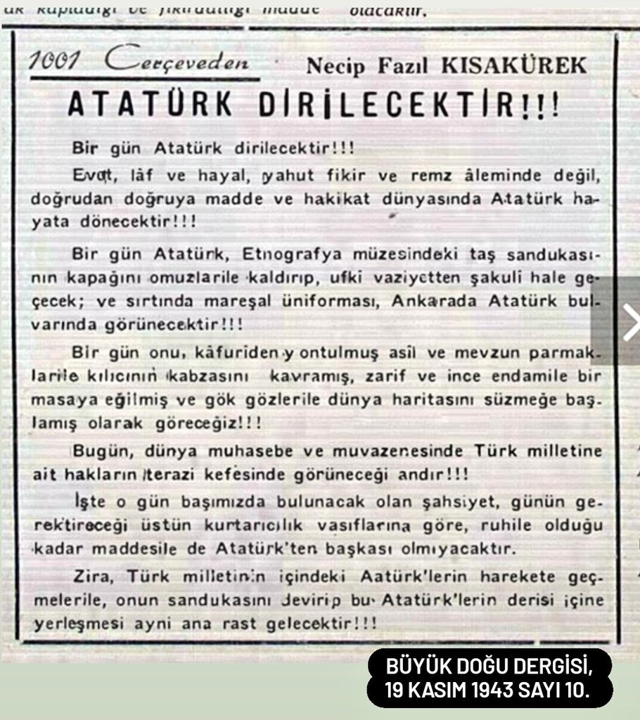 SMEYDAN's tweet photo. Necip Fazıl mı?

Necip Fazıl, önceleri Atatürkçü, Cumhuriyetçi çizgide yazılar yazdı. Öyle ki bu yazılarından birine "Atatürk Dirilecektir" başlığını verdi. Ancak CHP'den vekil olmayı başaramayınca dümeni Demokrat Parti'ye kırdı.  

Necip Fazıl, 1950'lerde Menderes'ten para koparmak için yalvaran mektuplar yazdı. Bu paralarla Atatürk'e, İnönü'ye hakaretler eden, laik Cumhuriyete ve CHP'ye saldıran Büyük Doğu dergisini finanse etti. Atatürk ve laik Cumhuriyet düşmanlığı ile açıkça tarihi çarpıtan propaganda kitapları yazdı. 

Necip Fazıl, Uğur Mumcu'nun dediği gibi "Bir Atatürk düşmanıdır." Bu nedenle yargılandı, ceza bile aldı. Atatürk'e saldıran Necip Fazıl, Türk gençliği tarafından protesto edildi. 

Yassıada Duruşmalarında Necip Fazıl'ın Menderes'e yazdığı para isteyen mektuplar ortaya saçılırken, Menderes de Necip Fazıl'a örtülü ödenekten 147 bin lira para ödendiğini doğruladı.Bkz 👇

https://t.co/ZChxwEGfT1

Yıllarca Atatürk'e ve laik Cumhuriyet'e yalan ve iftiralarla saldıran, kumar gibi kötü alışkanlıkları ayyuka çıkan Necip Fazıl, çocuklarımıza rol model olamaz. 

Necip Fazıl için bkz👇

https://t.co/vOMFajqO7X

https://t.co/PcR5xJuC6W

Ayrıntı için ELCEVAP adlı kitabımı öneririm.