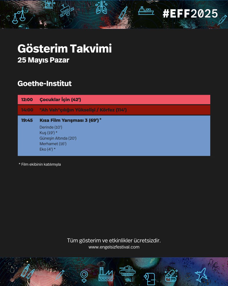 Engelsiz Filmler Festivali (@engelsizff) on Twitter photo #EngelsizFilmlerFestivali üçüncü gününe küçük sinemaseverler için Cinekid Festival’in hazırladığı “Çocuklar İçin” seçkisiyle başlıyor. Adam Curtis’in “‘Ah Vah’çılığın Yükselişi” ve <a href="/EmreYeksan/">Emre Yeksan</a>’ın “Körfez” filmi “Bir Çağ Yangını” bölümü kapsamında izleyiciyle buluşuyor. #EngelsizFilmlerFestivali üçüncü gününe küçük sinemaseverler için Cinekid Festival’in hazırladığı “Çocuklar İçin” seçkisiyle başlıyor. Adam Curtis’in “‘Ah Vah’çılığın Yükselişi” ve <a href="/EmreYeksan/">Emre Yeksan</a>’ın “Körfez” filmi “Bir Çağ Yangını” bölümü kapsamında izleyiciyle buluşuyor.