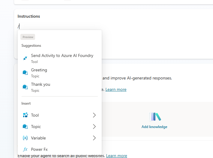 Copilot Studio quietly shipped a killer UX upgrade 👀🔥
No more manually typing tool names like "Send an Email V3."

Now just type "/" in the instructions, and your tools instantly pop up—ready to go.

Huge W for anyone building agents.