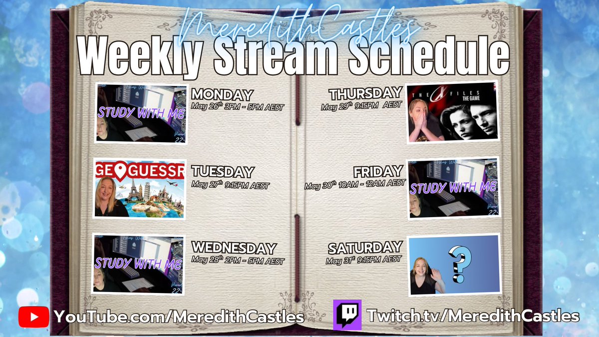 This week we have 3 Study With Me streams, and the game nights feature a return to the 90s with the classic X Files PC game and geography goodness with GeoGuessr! We’ll end the week with Anything-Can-Happen-Saturday, chat’s choice! Something for everyone! 🫶 Links in image.