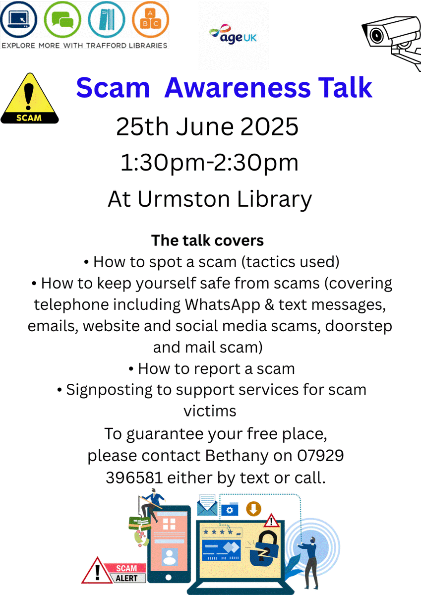 TraffLibraries's tweet image. Don&apos;t forget to register your interest for our scam awareness talk at Urmston Library.
 #UrmstonLibrary #ScamAwareness #CommunityTalks