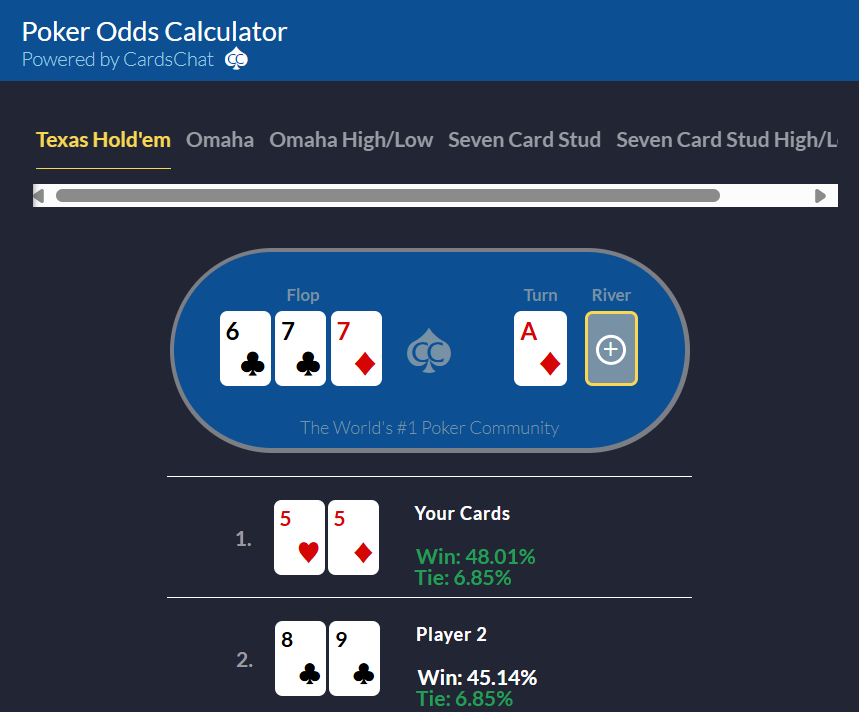 The fives got it in preflop but the board has turned ugly, how many outs do they need to dodge to win it all?