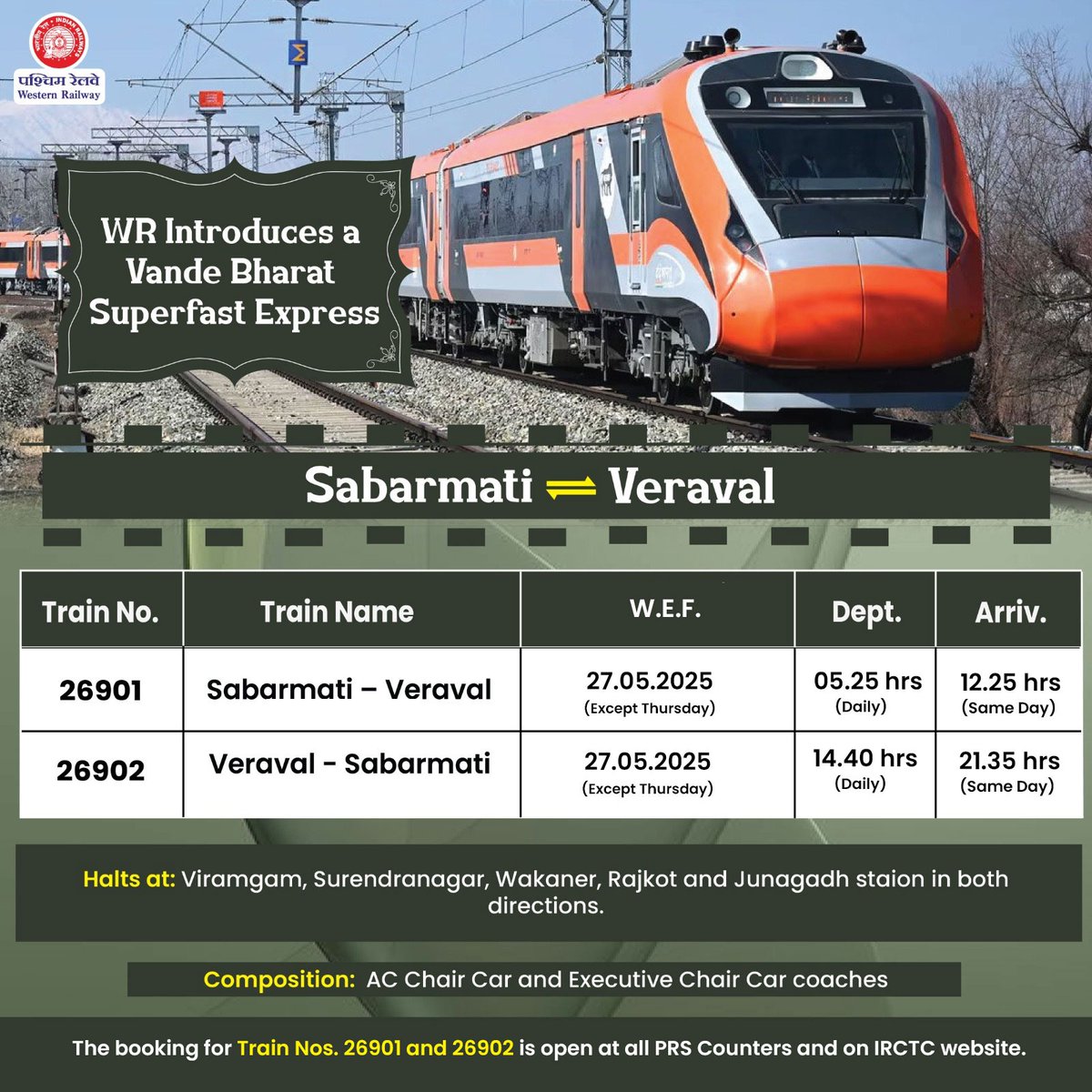 WR has introduced Train nos. 26901/02 Sabarmati - Veraval Vande Bharat Express for the convenience of passengers and to meet the travel demand.  

The booking for Train Nos. 26901 and 26902 is open at all PRS Counters and the IRCTC Website.  

#WRUpdates