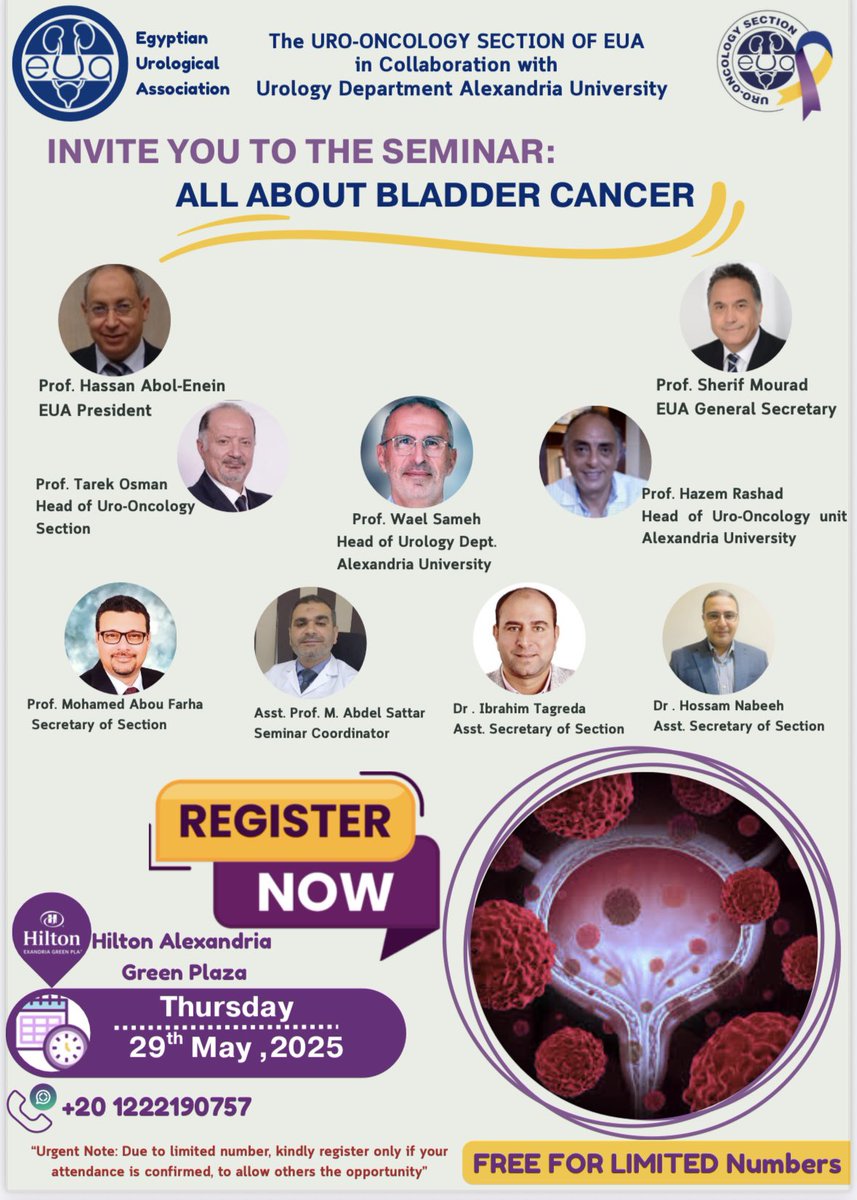 sharaf20581's tweet photo. Oncology section @EUA25470563 & urology department @ALEXURO9 invite you to #bladder_cancer day 🗓️29 May ⏰9am
Alexandria Hilton green plaza Orchid hall
@EurUrolOncol @urotoday @masalek65 @mohamed92902484 https://t.co/9iQt3915jg
