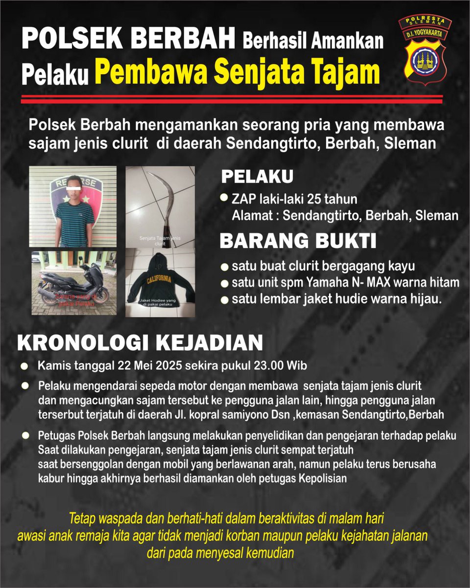 Polsek Berbah mengamankan ZAP (25), warga Sendangtirto, karena membawa clurit. Pelaku dan barang bukti dibawa ke Polsek untuk proses hukum.
Polresta Sleman menindak tegas segala bentuk kejahatan. Warga diminta waspada dan awasi remaja agar tak jadi korban atau pelaku kejahatan.