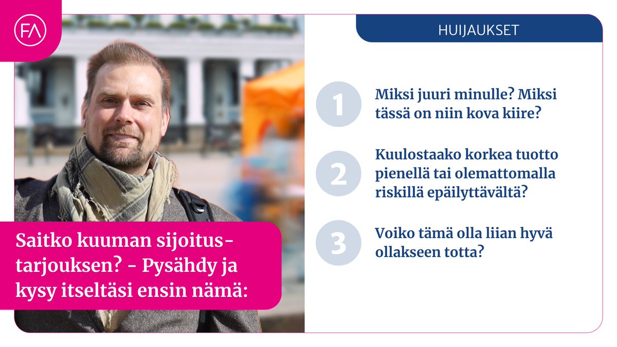 Suomalaiset menettivät sijoitushuijauksissa viime vuonna yhteensä yli 20 miljoonaa euroa. 

Rikolliset saavat uhrin koukkuun mystiikalla ja todellisuudesta ammentavalla tarinalla. <a href="/niko_saxholm/">Niko Saxholm</a> 

Lue, miten huijari usein toimii👇

finanssiala.fi/uutiset/ala-us…