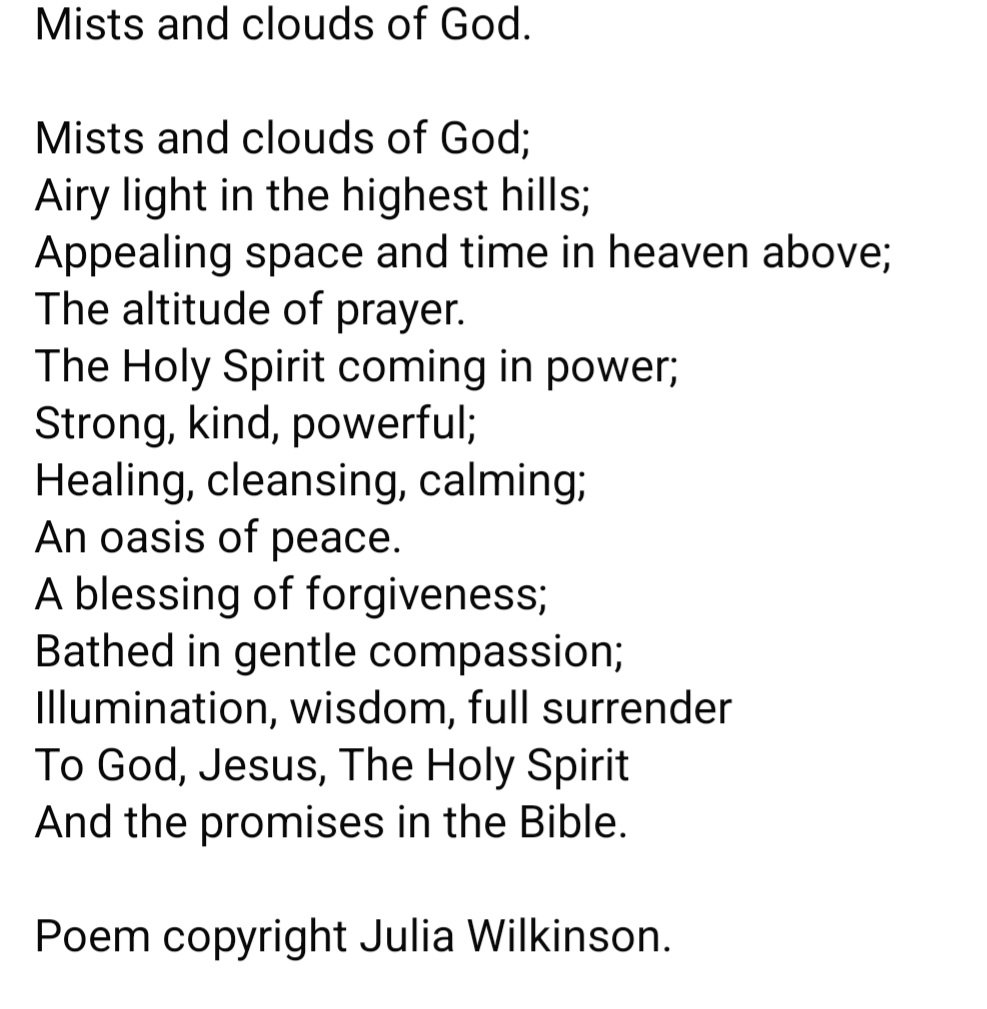 JuliaTruthArt's tweet photo. Mists and clouds of God.
Poem copyright Julia Wilkinson.
#poetry #poetrycommunity #PoetArtist #poet #poem #Julia #juliawilkinson #fraud #juliawilkinsonart #mists #clouds #God #Jesus #TheHolySpirit #JesusSaves #godpromise #HolySpirit https://t.co/d0FjwhFovS