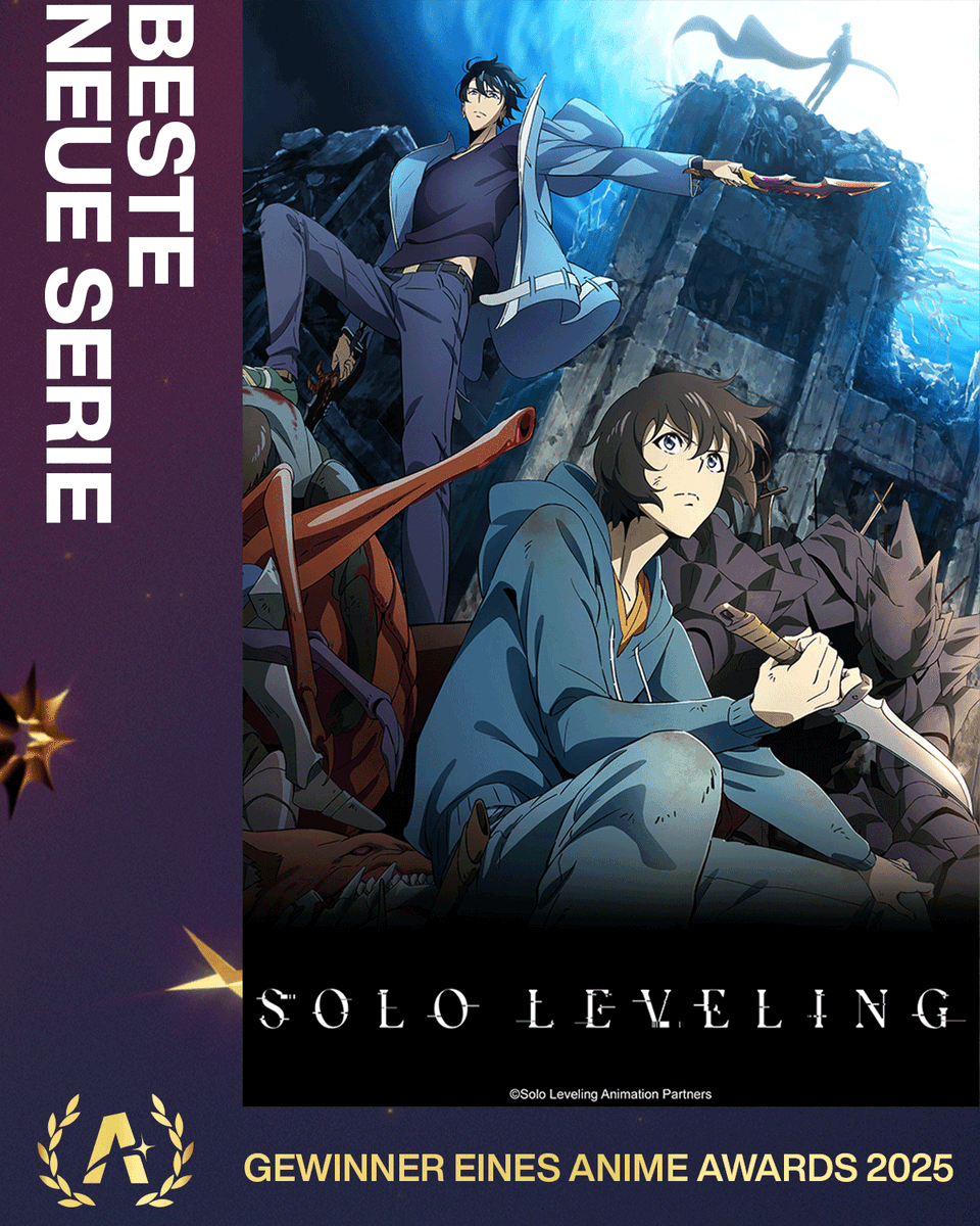 Crunchyroll_de's tweet photo. Solo Leveling hat frischen Wind gebracht und trägt den Sieg als Beste Neue Serie davon! #AnimeAwards https://t.co/1GjEgJD4Mx