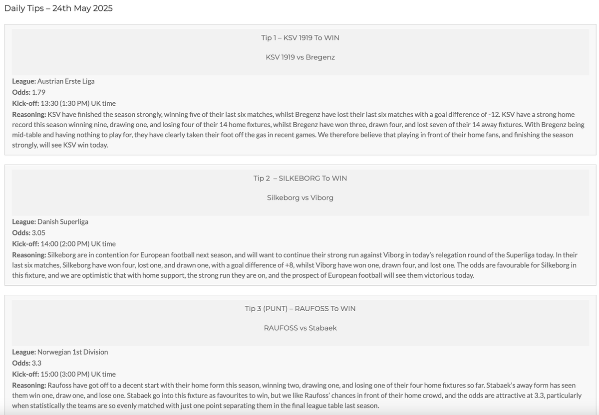 Football_TipsFc's tweet image. Some solid wins yesterday 👏 - especially Raufoss (3.3) beating Stabaek 1-0 in Norway 🇳🇴!

Today’s tips are live at FootballTipsFC.com featuring:
⚽ 1 Single (Spanish Segunda)
⚽ 2 Doubles (Premier League, Serie A, Bulgaria)
⚽ Spanish Segunda Treble
⚽ 5-Leg Acca (Austrian…
