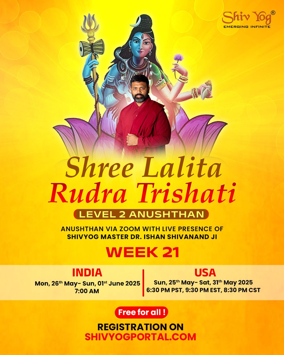 Global Community Prayer – Week 21 Lalita Rudra Trishati || Healing • Health • Happiness

*Join us for Week 21 LRT  shivyogportal.com/events/e31d094…

*Pray with intention | Recite with devotion | Experience the positive shift*

Let’s raise the vibration—together.

Bless you