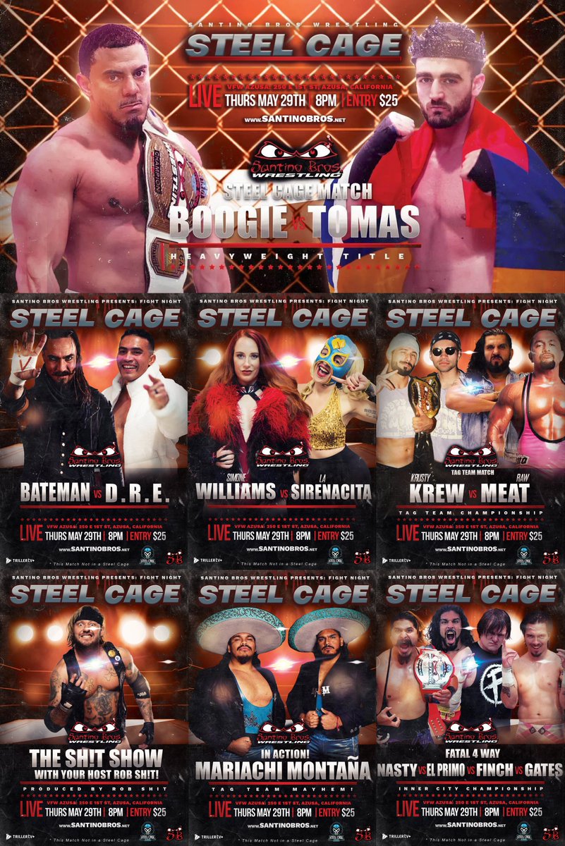 🔥 Santino Bros. Wrestling: STEEL CAGE – May 29 🔥

🔒 Slice Boogie vs Alec Tomas for the title — inside a STEEL CAGE!

💥 Full card is STACKED: tag titles, women's action, wild brawls &amp; more!

🎟️ Tickets on sale now → STEELCAGE.eventbrite.com