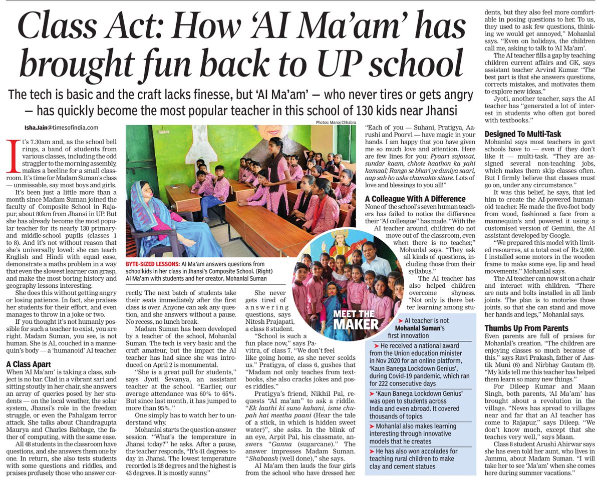 Department Of Basic Education Uttar Pradesh (@basicshiksha_up) on Twitter photo AI Ma’am becomes a beloved teacher in a UP village school, engaging 130 students with interactive lessons, never-ending patience, and a smile that never fades.
#basiceducationnews #BasicShikshaUP #basicsikshakhabar #upgovt #education
#basiceducationuttarpradesh
<a href="/EduMinOfIndia/">Ministry of Education</a> AI Ma’am becomes a beloved teacher in a UP village school, engaging 130 students with interactive lessons, never-ending patience, and a smile that never fades.
#basiceducationnews #BasicShikshaUP #basicsikshakhabar #upgovt #education
#basiceducationuttarpradesh
<a href="/EduMinOfIndia/">Ministry of Education</a>