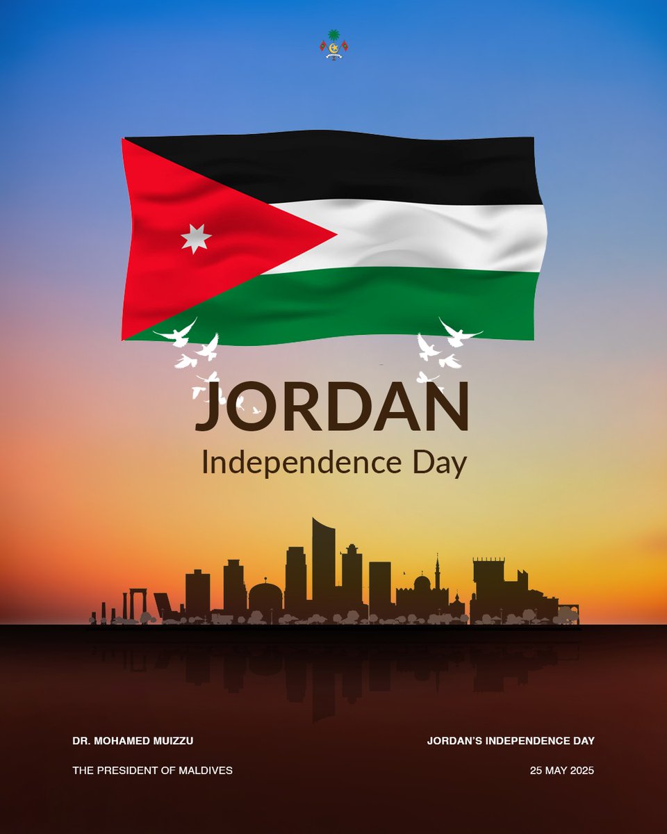 Dr Mohamed Muizzu (@mmuizzu) on Twitter photo Warm greetings and best wishes to HM <a href="/KingAbdullahII/">عبدالله بن الحسين</a> and PM HE Dr Jafar Hassan, the government, and the brotherly people of Jordan on the joyous Anniversary of their Independence. I wish Jordan continued peace, progress, and prosperity.
May the Maldives-Jordan ties deepen and Warm greetings and best wishes to HM <a href="/KingAbdullahII/">عبدالله بن الحسين</a> and PM HE Dr Jafar Hassan, the government, and the brotherly people of Jordan on the joyous Anniversary of their Independence. I wish Jordan continued peace, progress, and prosperity.
May the Maldives-Jordan ties deepen and