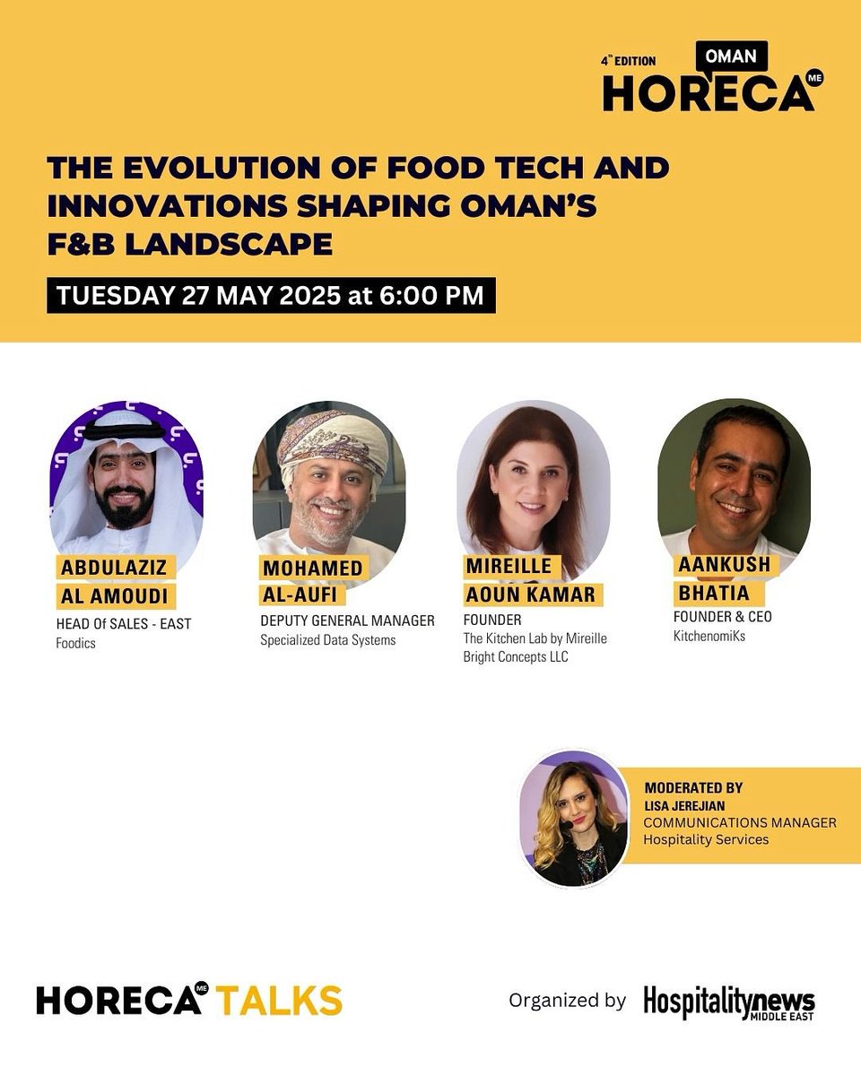 We are thrilled to share that KitchenomiKs Founder and CEO, Aankush Bhatia will be at HORECA Talks, an insightful event taking place during the 4th Edition of Horeca Oman
🗓️ 27 May 2025
⏰ 6:00 PM 
📍Oman Convention &amp; Exhibition Centre

#kitchenomiks #cloudkitchens #omanstartup