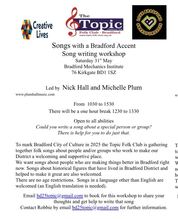 Plumhall (@plumhall) on Twitter photo <a href="/plumhall/">Plumhall</a> will be leading a #songwriting #workshop for <a href="/bradford2025/">Bradford 2025</a> and <a href="/TopicFolk/">The Topic Folk Club</a> at <a href="/BradfordMecs/">Bradford Mechanics Institute</a> encouraging the writing of songs about people and groups who have made #bradford a welcoming and supportive place plumhallmusic.com/live #songwriting #bradford please RT <a href="/plumhall/">Plumhall</a> will be leading a #songwriting #workshop for <a href="/bradford2025/">Bradford 2025</a> and <a href="/TopicFolk/">The Topic Folk Club</a> at <a href="/BradfordMecs/">Bradford Mechanics Institute</a> encouraging the writing of songs about people and groups who have made #bradford a welcoming and supportive place plumhallmusic.com/live #songwriting #bradford please RT