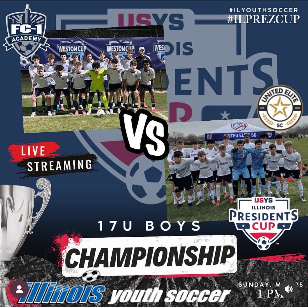 Boys 2008 Elite Team advances to the Presidents Cup Championship game. 

Championship Game Details

- Sunday 5/25 
- 1:00 PM 
- Sportscore Two (Indoor #3) 

Let’s go FC-1!!! #fc1 #soccer #champs #championship #ilprezcup #fc1soccer